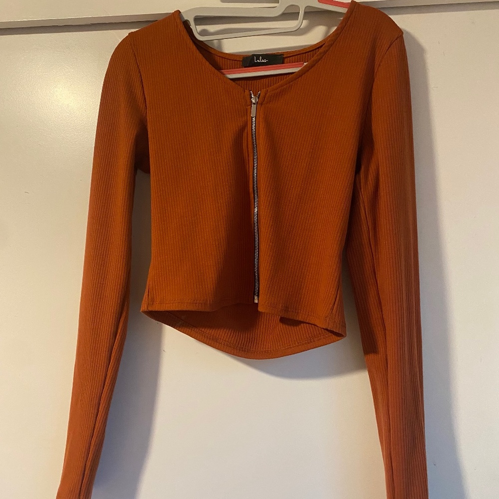 Bold Trends Rust Orange Ribbed Long Sleeve Zip Front Top - M
